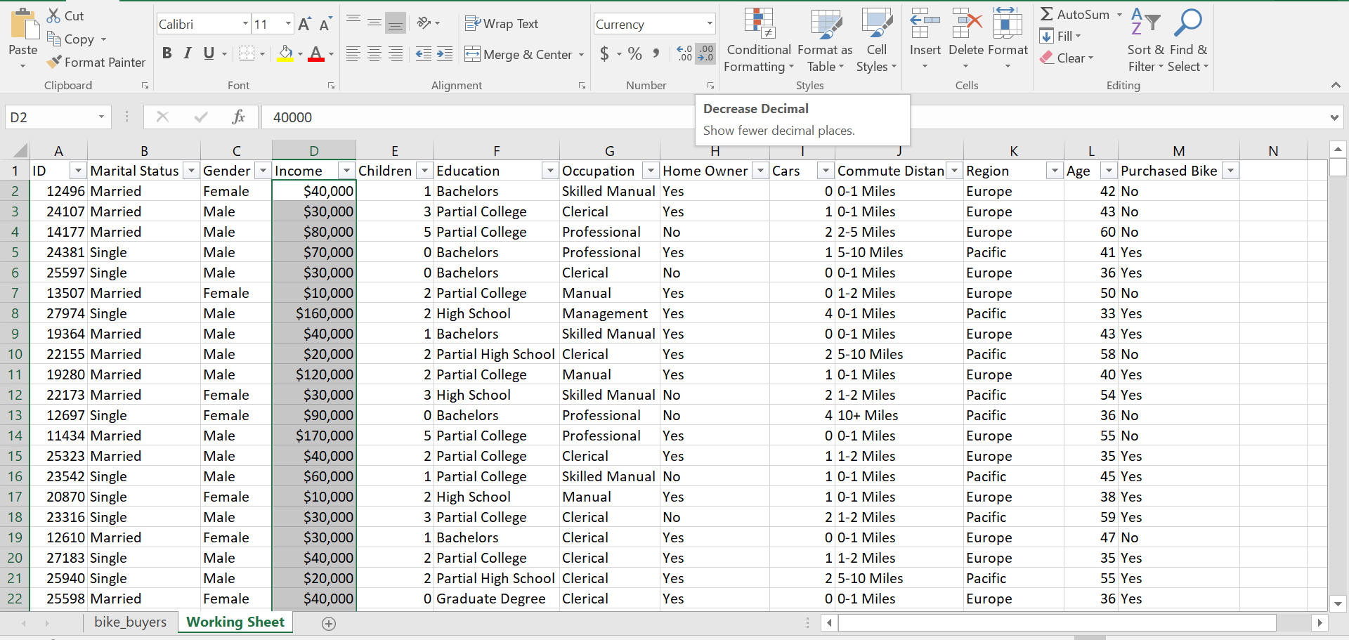 Decimal points decreased for Income